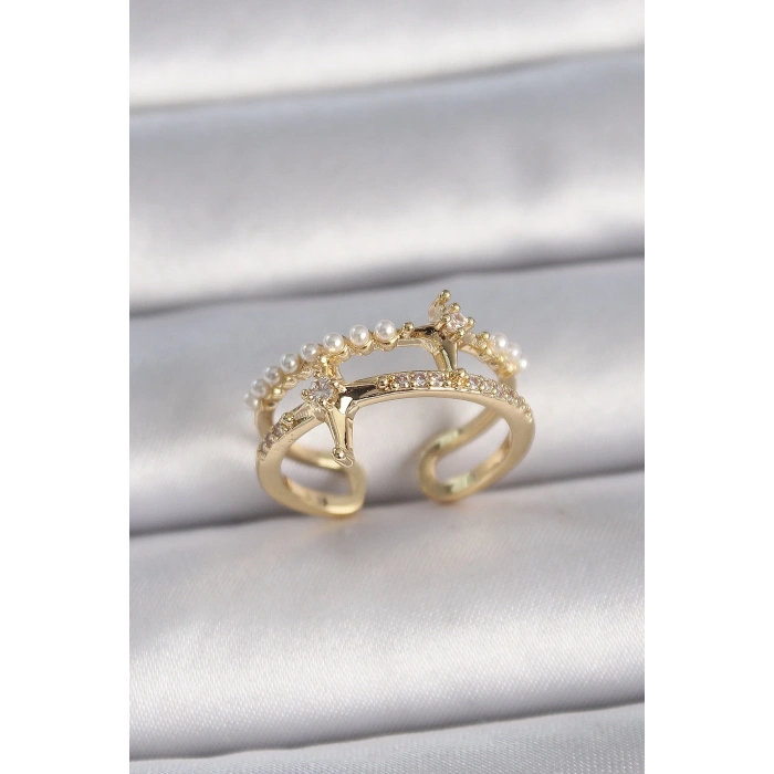 BFS Pirinç Gold Renk Ayarlanabilir Zirkon Taşlı İncili Yıldız Model Kadın Yüzük