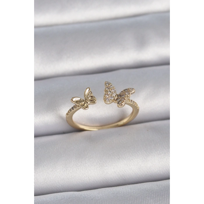 BFS Pirinç Gold Renk Ayarlanabilir Zirkon Taşlı Kelebek Model Kadın Yüzük