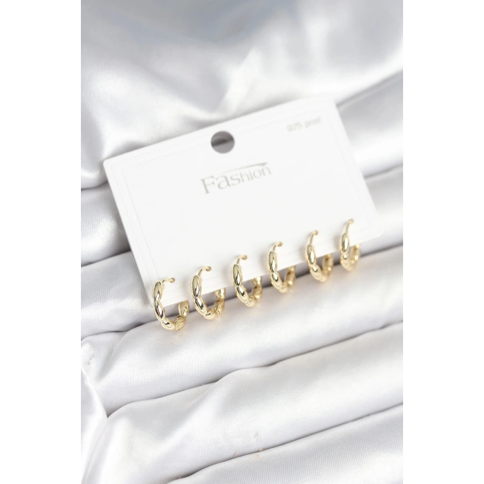 BFS Pirinç Gold Renk Baklalı Halka 925 Gümüş Çivi Kadın Küpe Seti