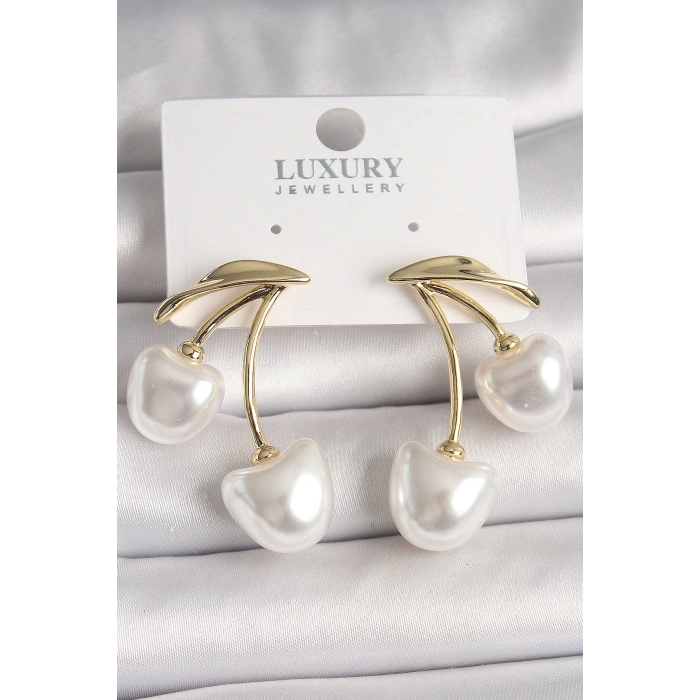 BFS Pirinç Gold Renk Beyaz İnci Kiraz Model Kadın Küpe