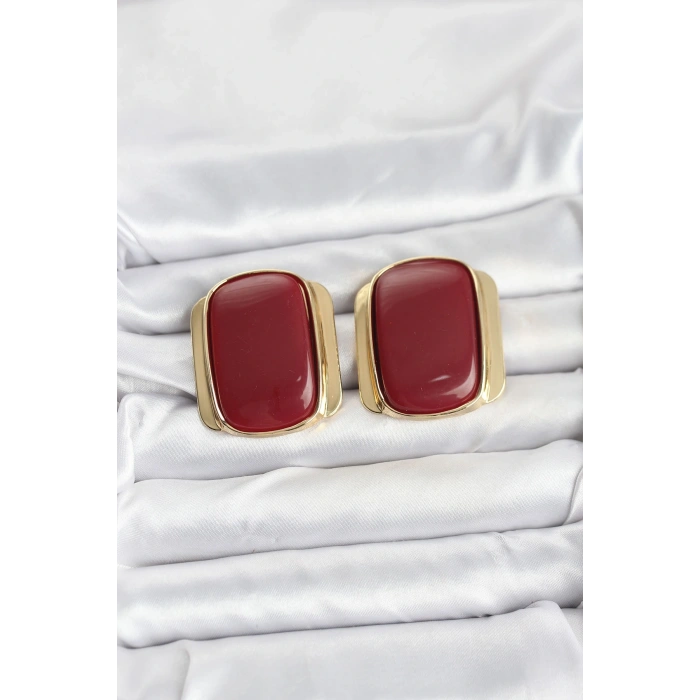 BFS Pirinç Gold Renk Bordo Plaka Vintage Kadın Küpe