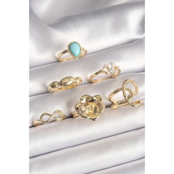 BFS Pirinç Gold Renk Çiçek Model Model Sonsuzluk Zirkon Taş Detaylı 6Lı Kadın Yüzük Seti