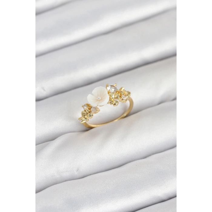 BFS Pirinç Gold Renk Çiçek Model Zirkon Taşlı Kadın Yüzük