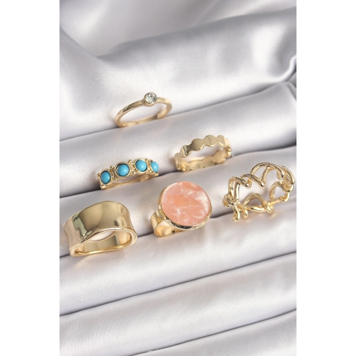 BFS Pirinç Gold Renk Daire Pembe Mineli Zirkon Taş Detaylı 6Lı Kadın Yüzük Seti