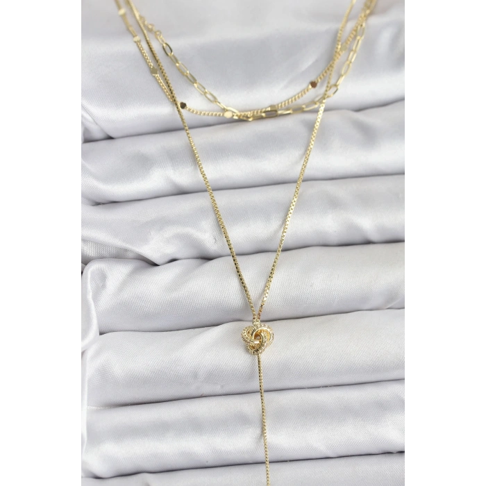 BFS Pirinç Gold Renk Düğüm Model Detaylı 3lü Kombin Y Kadın Kolye