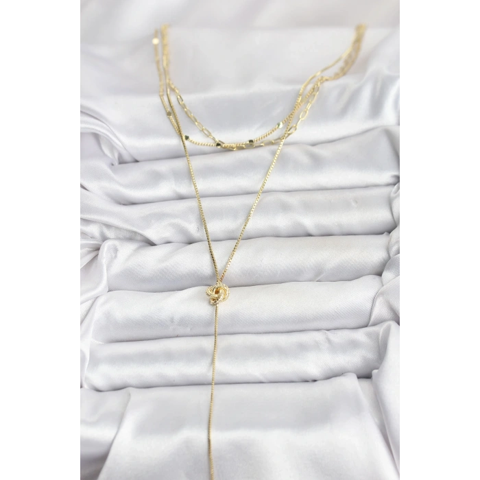 BFS Pirinç Gold Renk Düğüm Model Detaylı 3lü Kombin Y Kadın Kolye