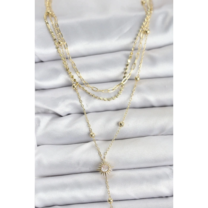 BFS Pirinç Gold Renk Güneş Model Detaylı 3lü Kombin Y Kadın Kolye