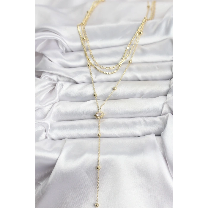 BFS Pirinç Gold Renk Güneş Model Detaylı 3lü Kombin Y Kadın Kolye