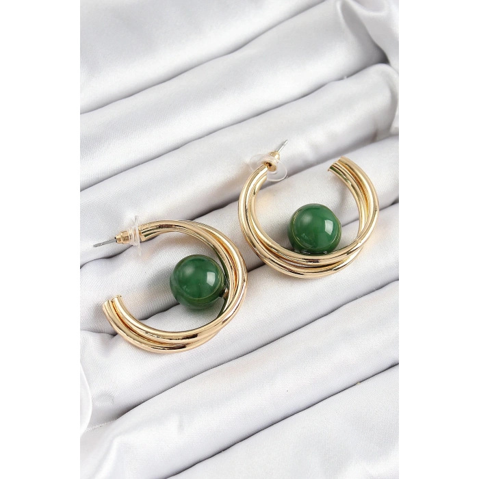 BFS Pirinç Gold Renk Halka Model Yeşil Boncuk Detay Kadın Küpe