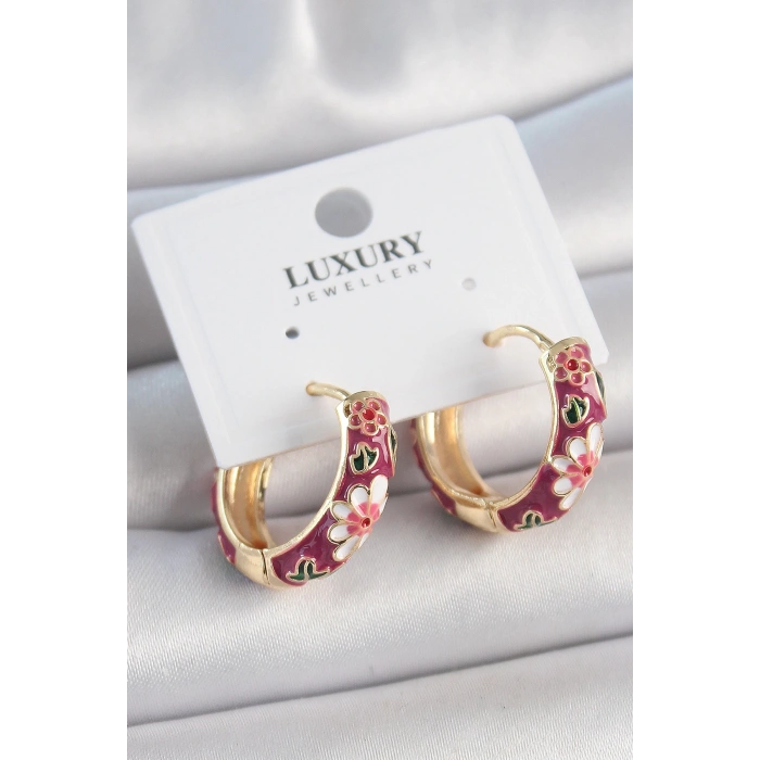 BFS Pirinç Gold Renk Halka Mor Çiçek Mineli Kadın Küpe