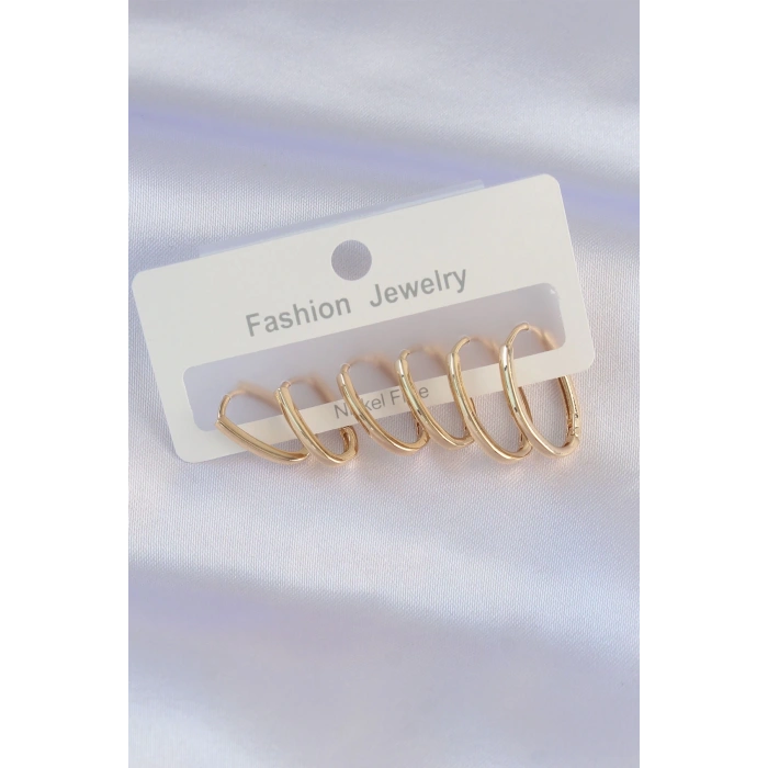 BFS Pirinç Gold Renk İnce Oval Küpe Seti
