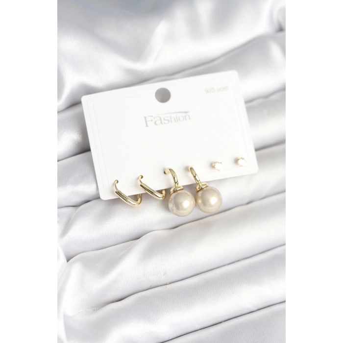 BFS Pirinç Gold Renk İnci Detaylı 925 Gümüş Çivili Kadın Küpe Seti