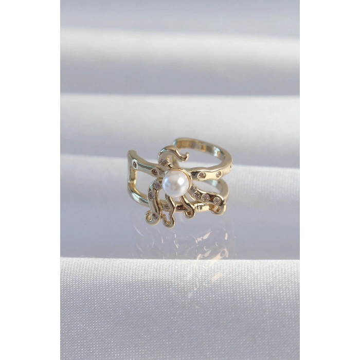 BFS Pirinç Gold Renk İncili Ahtapot Earcuff Küpe