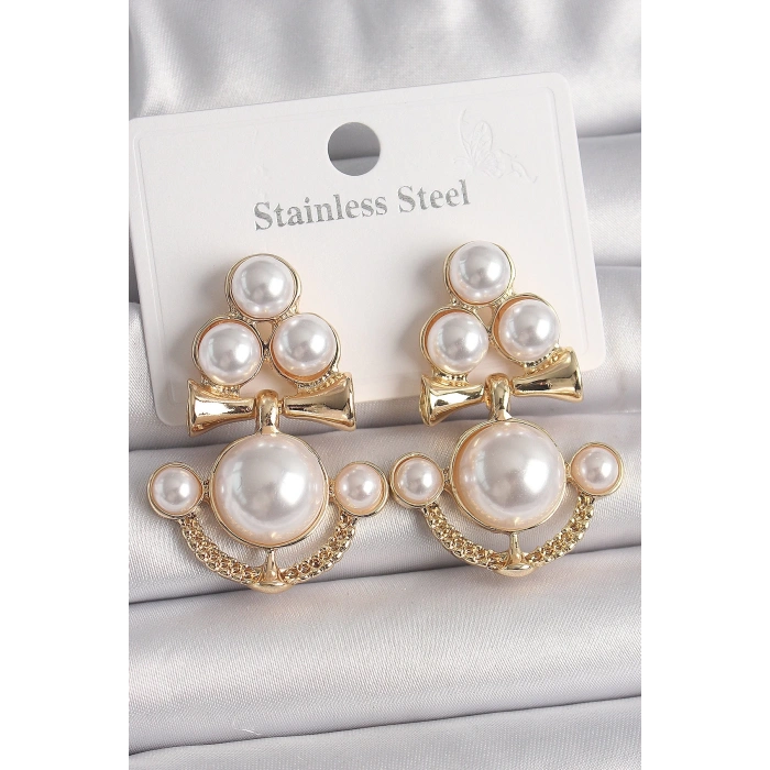 BFS Pirinç Gold Renk İncili Çapa Model Kadın Küpe