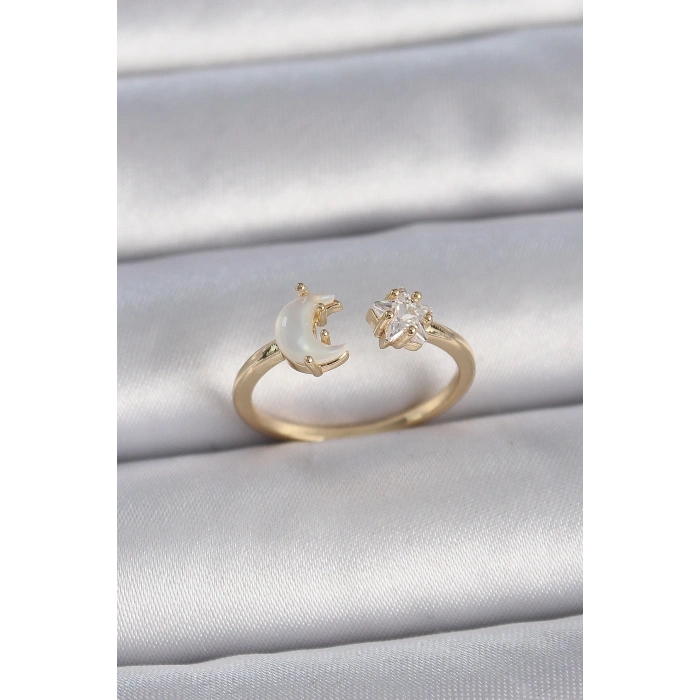 BFS Pirinç Gold Renk İncili Hilal Zirkon Taşlı Yıldız Ayarlanabilir Model Kadın Yüzük