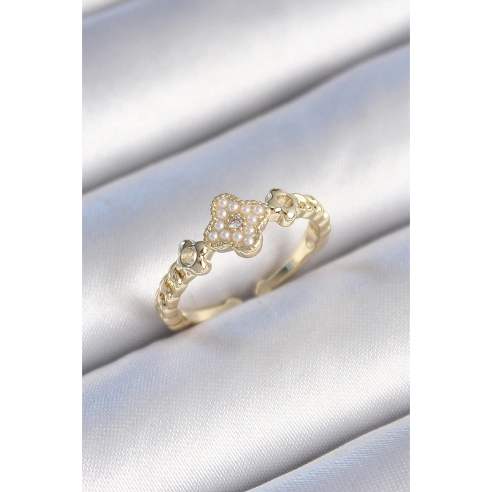 BFS Pirinç Gold Renk İncili Yonca Model Zirkon Taş Detay Kadın Yüzük