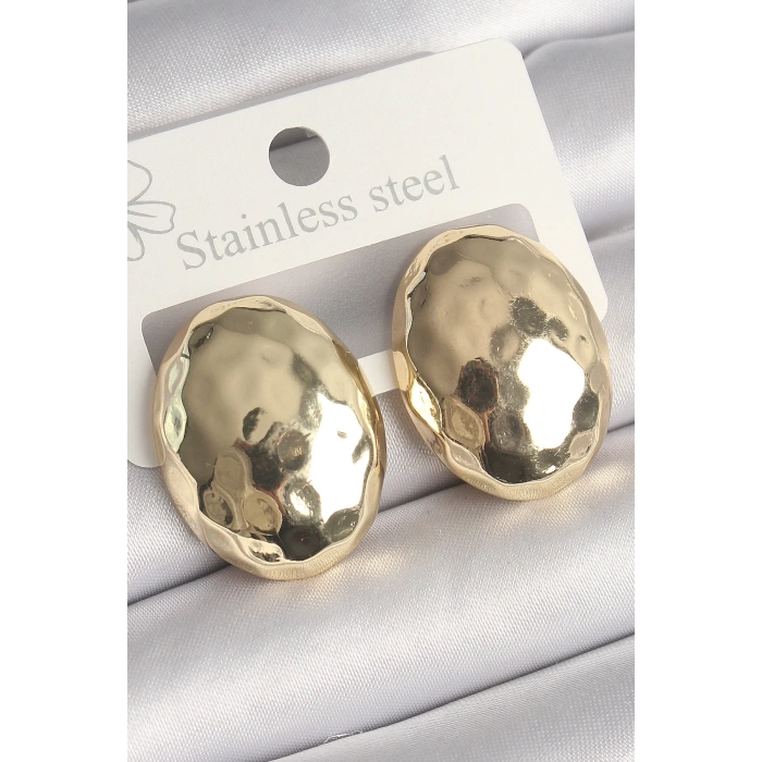 BFS Pirinç Gold Renk İşlemeli Bombe Oval Model Kadın Küpe