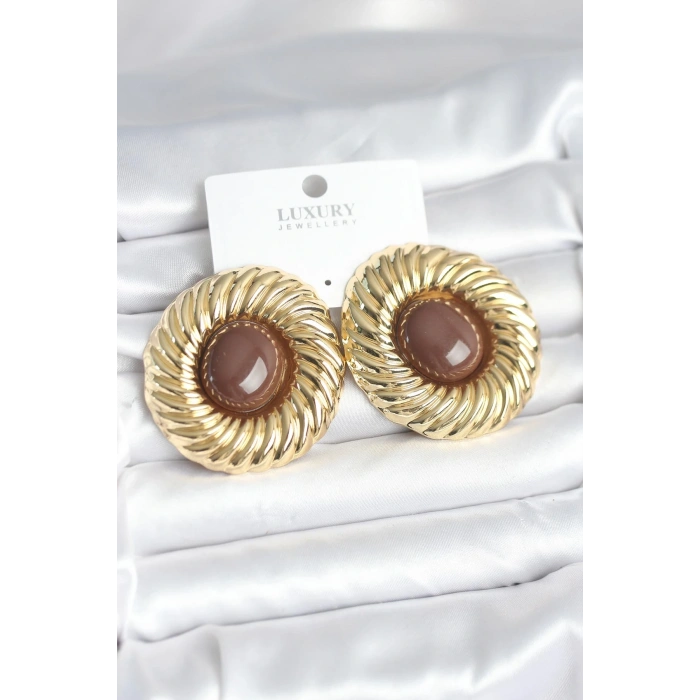 BFS Pirinç Gold Renk Kahverengi Boncuklu Vintage Kadın Küpe