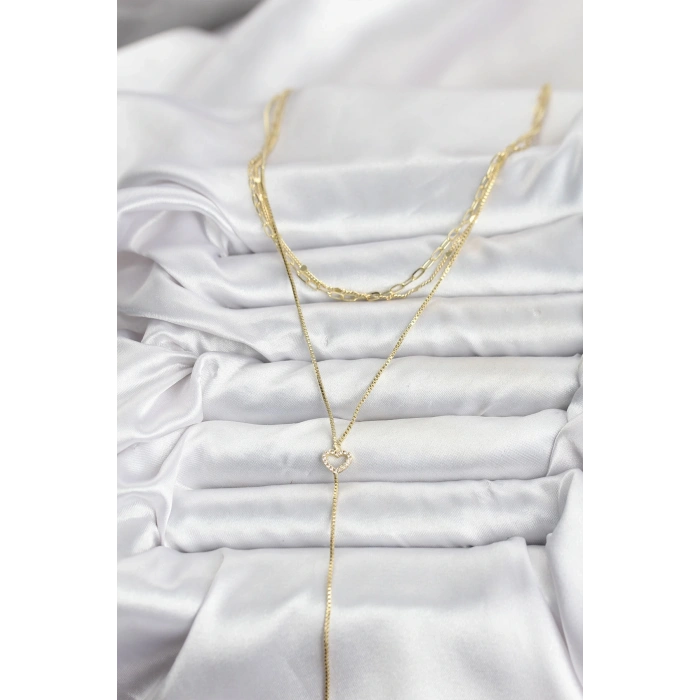 BFS Pirinç Gold Renk Kalp Detaylı 3lü Kombin Y Kadın Kolye