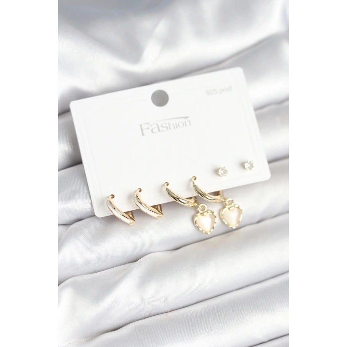 BFS Pirinç Gold Renk Kalp Detaylı 925 Ayar Gümüş Çivili Kadın Küpe Seti