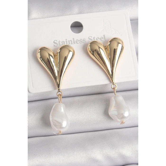 BFS Pirinç Gold Renk Kalp Model Sallantı İnci Damla Model Kadın Küpe