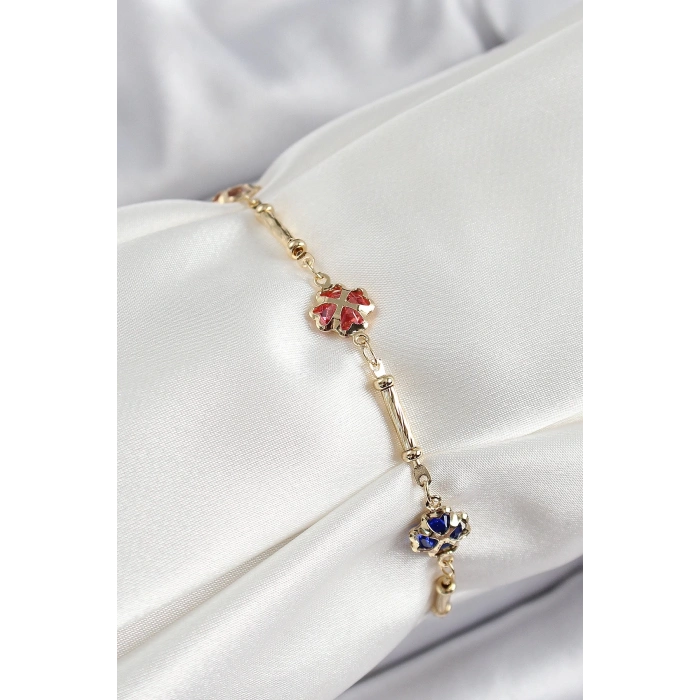 BFS Pirinç Gold Renk Karışık Renk Yonca Zirkon Taşlı Kadın Bileklik