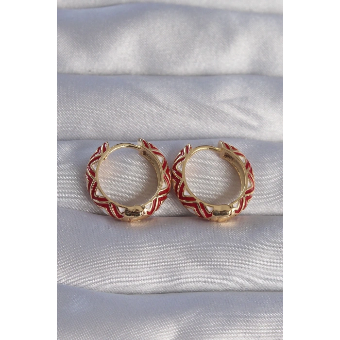 BFS Pirinç Gold Renk Kırmızı Etnik Desenli Halka Küpe