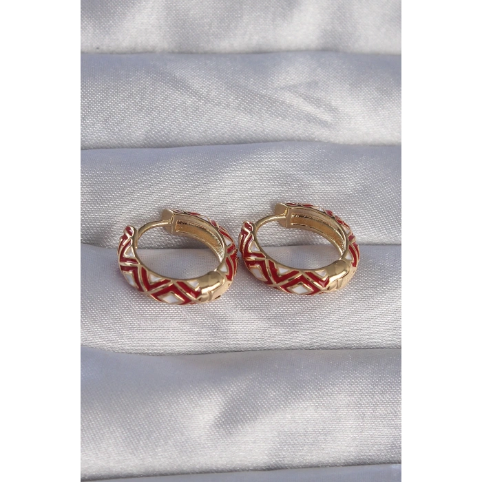 BFS Pirinç Gold Renk Kırmızı Etnik Desenli Halka Küpe