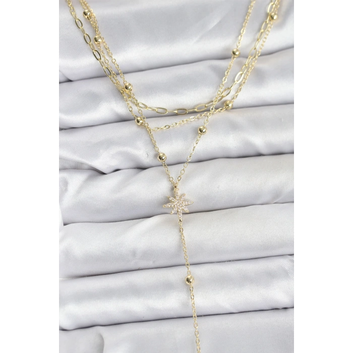 BFS Pirinç Gold Renk Kutup Yıldızı Detaylı 3lü Kombin Kadın Kolye