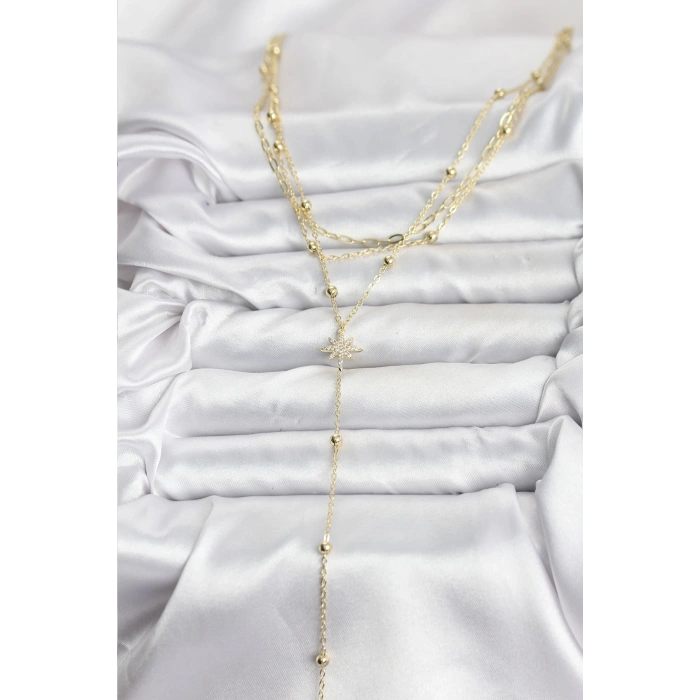 BFS Pirinç Gold Renk Kutup Yıldızı Detaylı 3lü Kombin Kadın Kolye