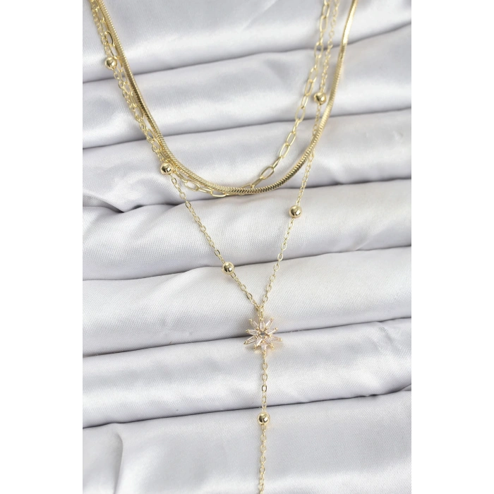 BFS Pirinç Gold Renk Kutup Yıldızı Model Detaylı 3lü Kombin Y Kadın Kolye