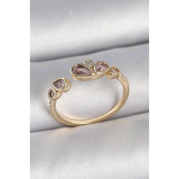 BFS Pirinç Gold Renk Pembe Damla Zirkon Taşlı Ayarlanabilir Kadın Yüzük