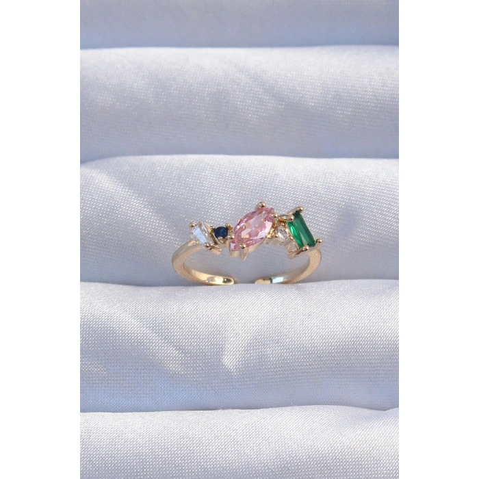 BFS Pirinç Gold Renk Renkli Zirkon Taşlı Ayarlanabilir Yüzük