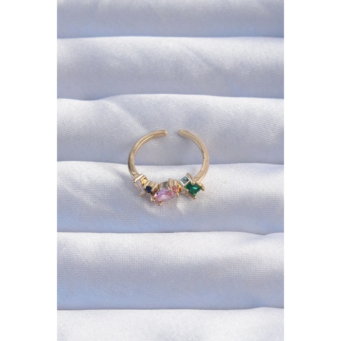 BFS Pirinç Gold Renk Renkli Zirkon Taşlı Ayarlanabilir Yüzük