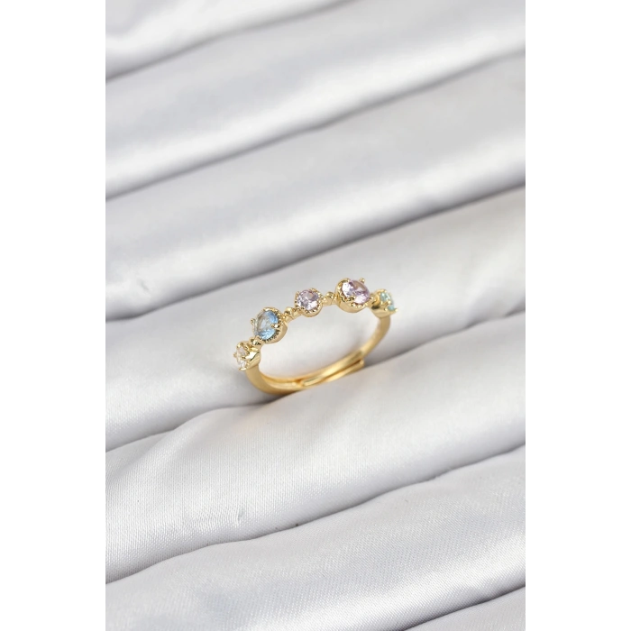 BFS Pirinç Gold Renk Renkli Zirkon Taşlı Kadın Yüzük