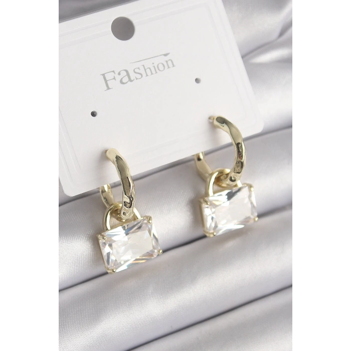 BFS Pirinç Gold Renk Sallantı Zirkon Taşlı Çanta Model Kadın Küpe