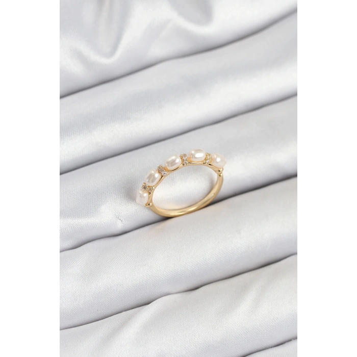 BFS Pirinç Gold Renk Sıralı İncili Kadın Yüzük