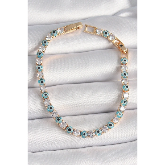 BFS Pirinç Gold Renk Su Yolu Zirkon Taşlı Nazar Boncuklu Kadın Bileklik