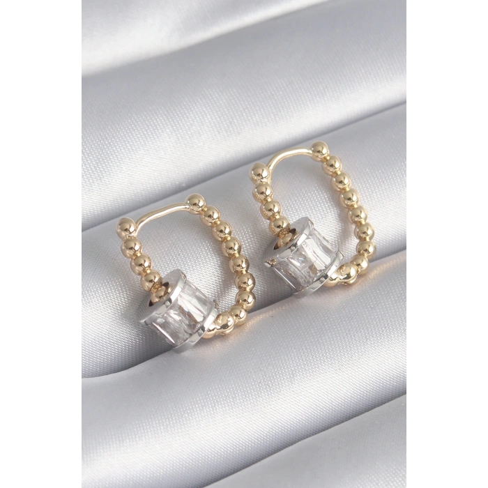 BFS Pirinç Gold Renk Top Model Gümüş Renk Zirkon Taşlı Kadın Küpe