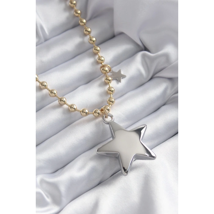 BFS Pirinç Gold Renk Topçuk Zincir Gümüş 3D Yıldız Model Yıldız Detay VİP Kadın Kolye