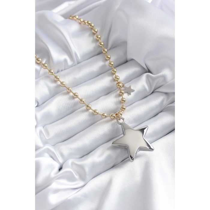 BFS Pirinç Gold Renk Topçuk Zincir Gümüş 3D Yıldız Model Yıldız Detay VİP Kadın Kolye