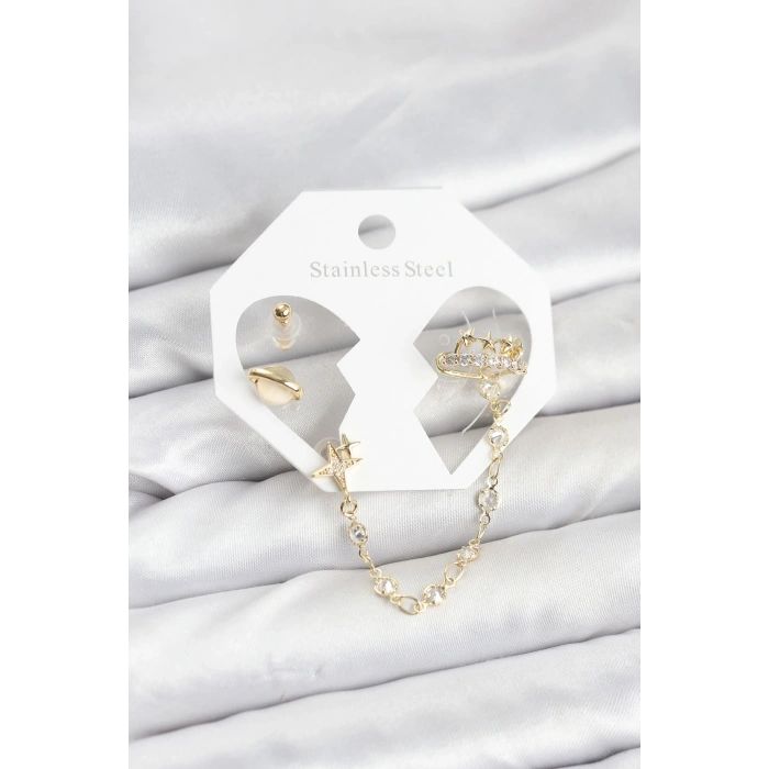 BFS Pirinç Gold Renk Uzay Model Zincir Bağlantılı Ear Cuff Küpe Seti