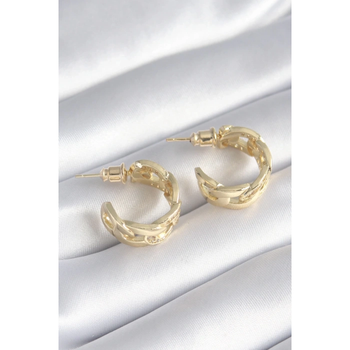 BFS Pirinç Gold Renk Zirkon Taş Detay Zincir Model Kadın Küpe