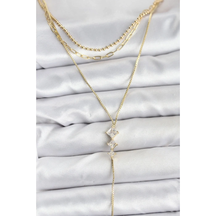 BFS Pirinç Gold Renk Zirkon Taş Detaylı 3lü Kombin Y Kadın Kolye