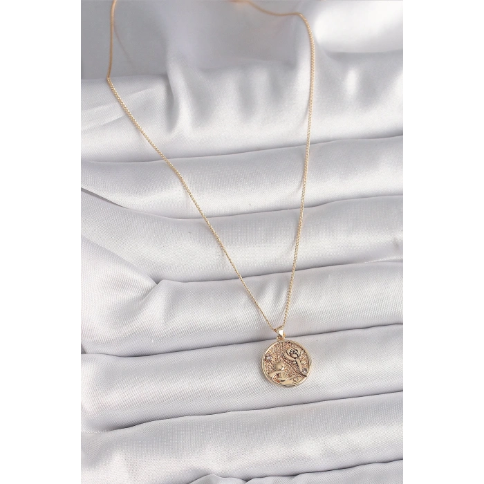 BFS Pirinç Gold Renk Zirkon Taş Detaylı Gül İşleme Madalyon Model Kadın Kolye