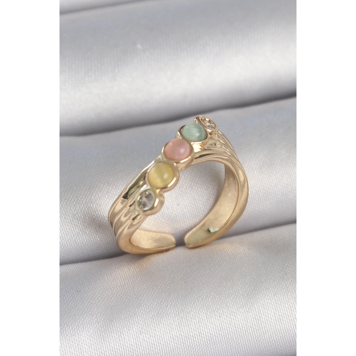 BFS Pirinç Gold Renk Zirkon Taş Detaylı Karışık Mineli Ayarlanabilir Kadın Yüzük