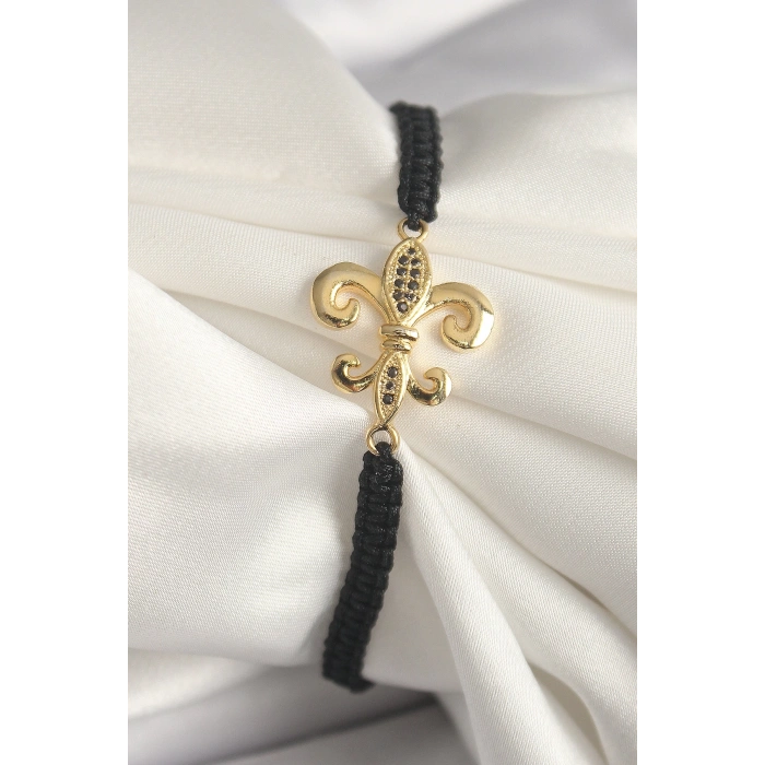 BFS Pirinç Gold Renk Zirkon Taş İşlemeli Zambak Figür Asansörlü Makrome Model Kadın Bileklik