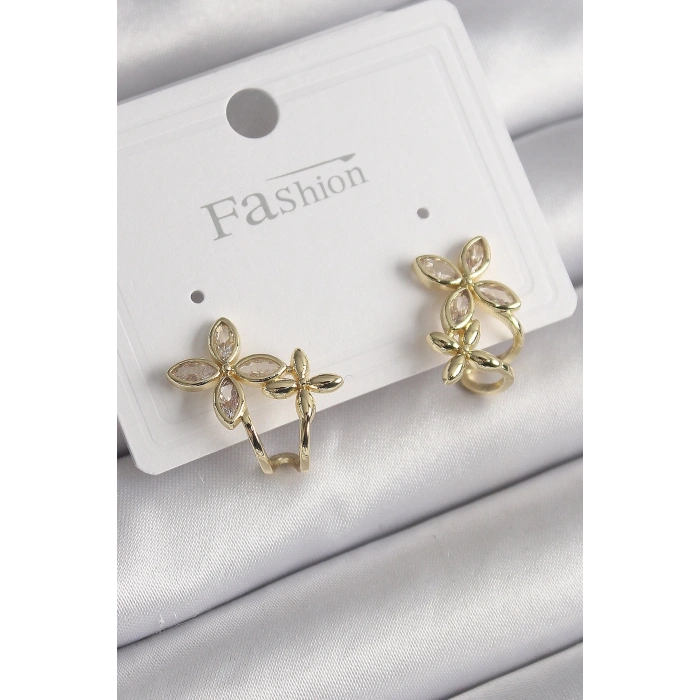 BFS Pirinç Gold Renk Zirkon Taşlı 2Li Çiçek Model Kadın Küpe