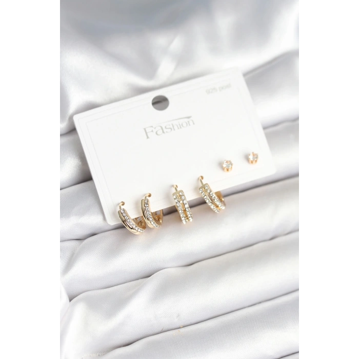 BFS Pirinç Gold Renk Zirkon Taşlı 925 Gümüş Çivili Kadın Küpe Seti