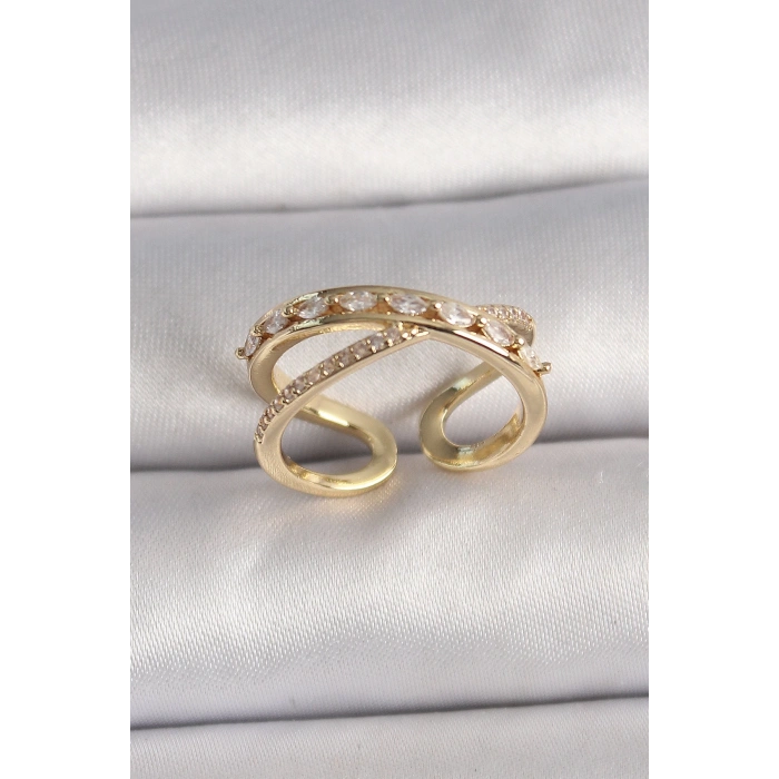 BFS Pirinç Gold Renk Zirkon Taşlı Ayarlanabilir Kadın Yüzük
